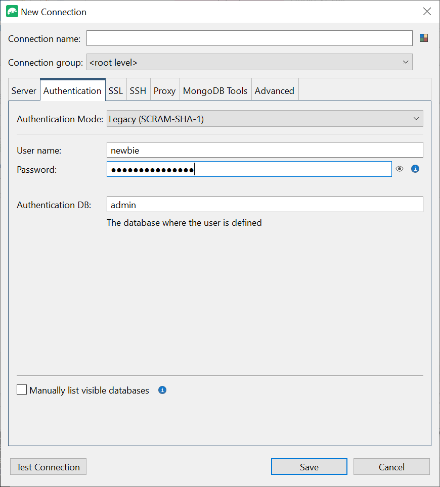 Authentication tab in the New Connection interface with legacy authentication mode selected and user name, password, and authentication DB information provided.