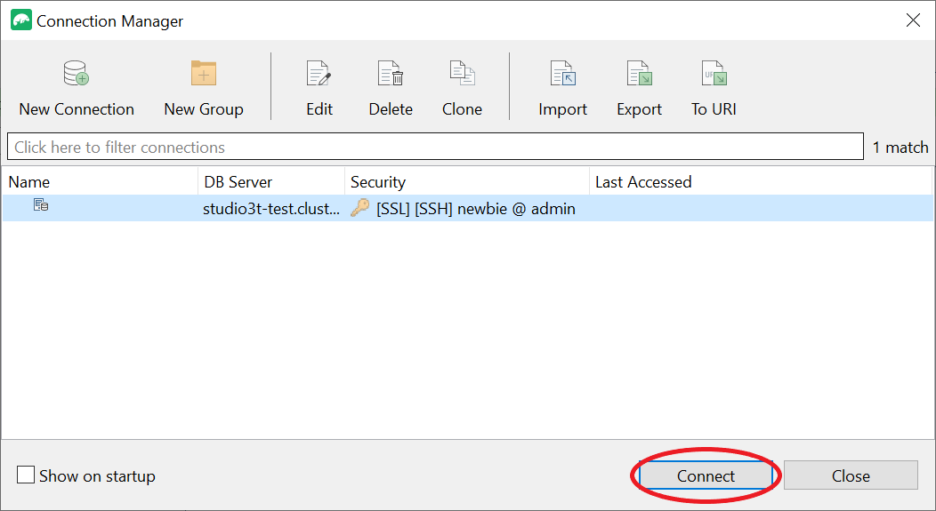 Connection Manager interface with Connect button highlighted.