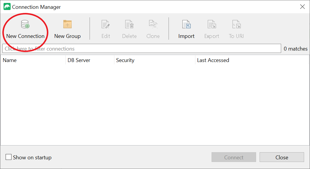 Connection Manager interface with New Connection option highlighted in upper-left corner.