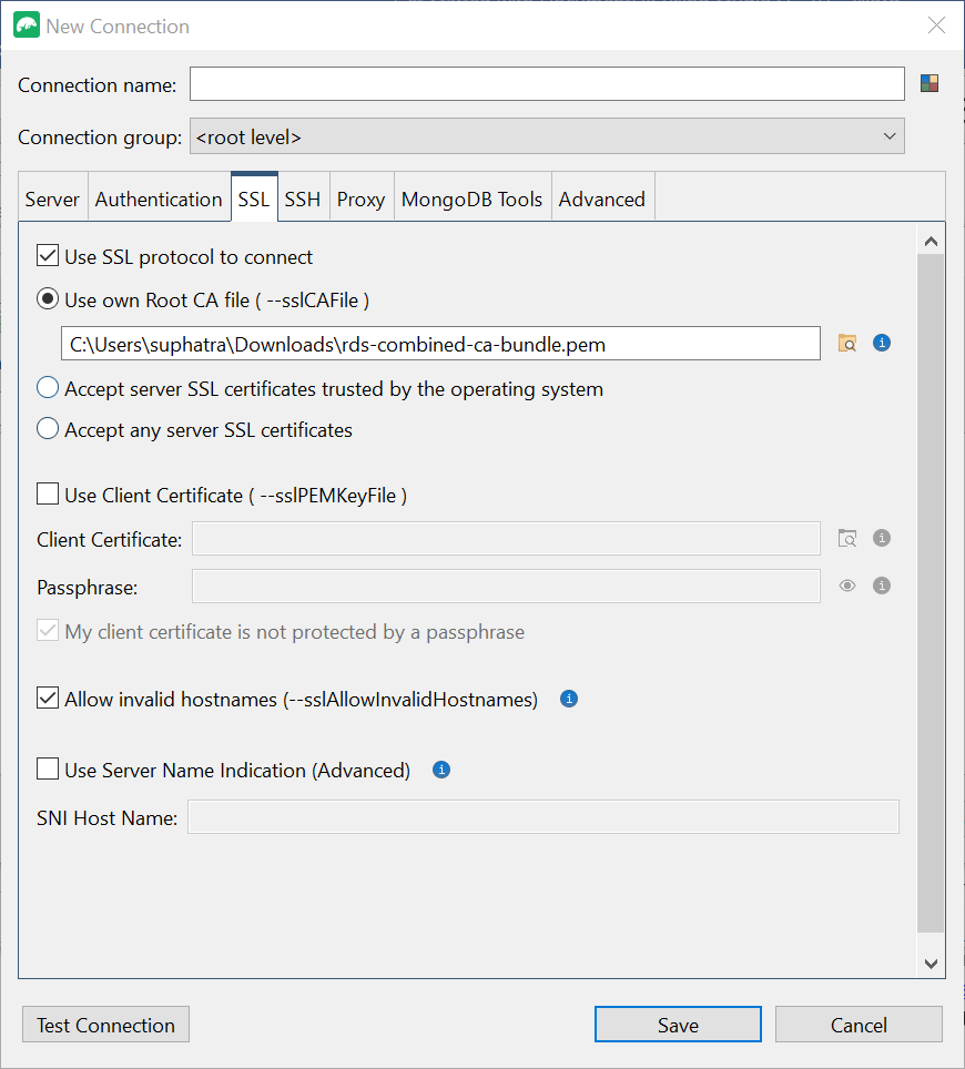 SSL tab in the New Connection interface with Use SSL protocol to connect selected.