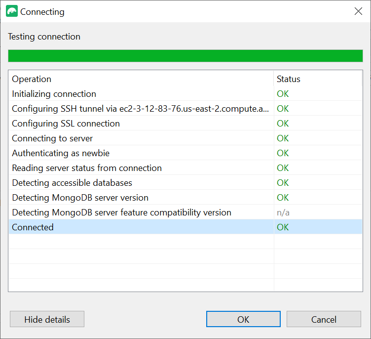 Diagnostic window that appears after a successful connection test.