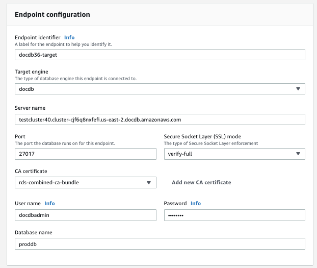 Image: An endpoint configuration dialog for the Amazon DMS target showing nine configuable fields and drop-down menus.