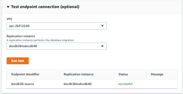 Image: Test endpoint connection dialog for the Amazon DMS source showing two drop-down menus, a test button, and a list of executed tests.