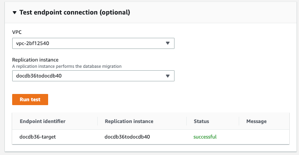 Image: Test endpoint connection dialog for the Amazon DMS target showing two drop-down menus, a test button, and a list of executed tests.