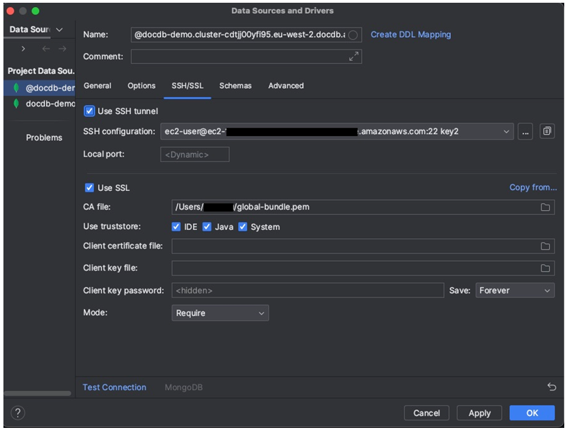 SSH/SSL tab in the Data Sources and Drivers interface with SSL settings enabled.