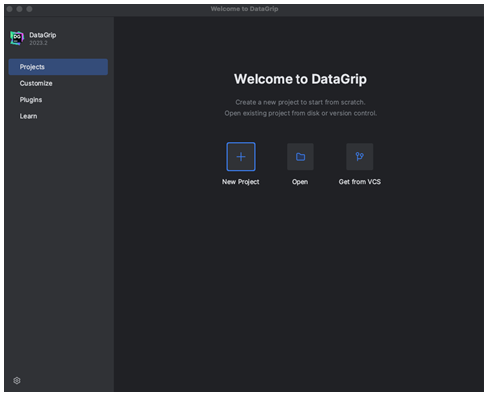 DataGrip welcome screen with New Project option highlighted.