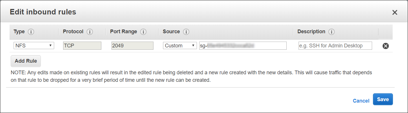 Edit inbound rules page showing configured inbound
                        rules.