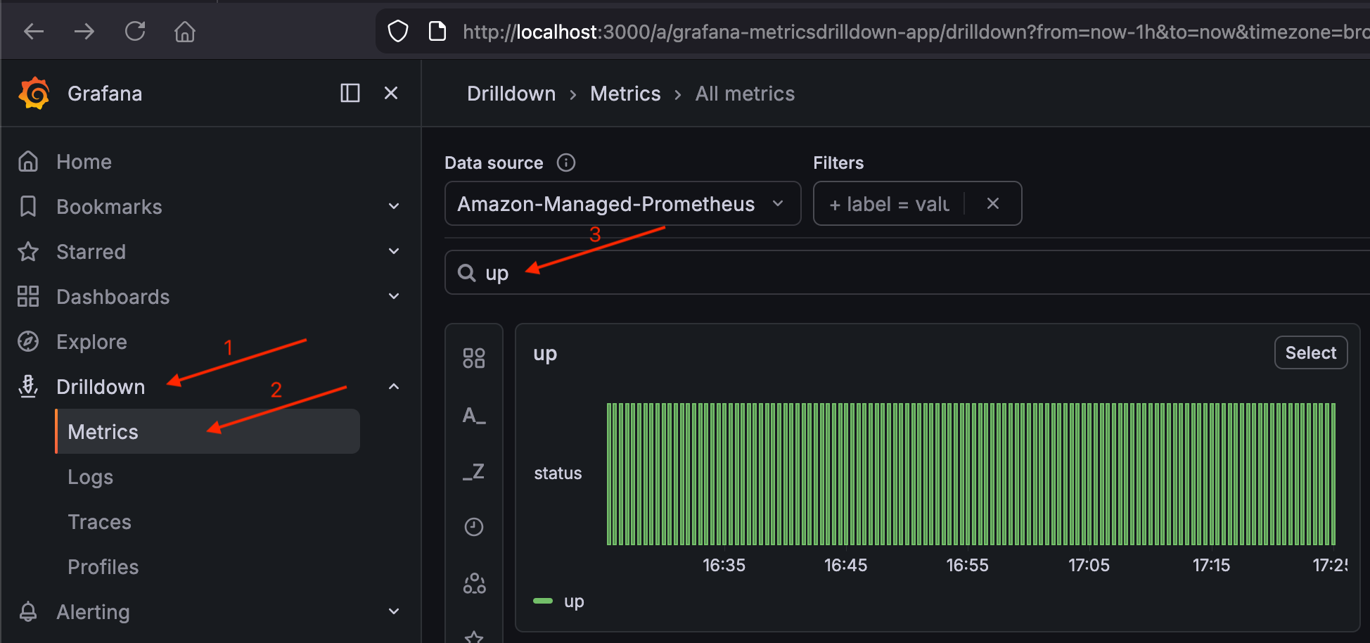 Grafana Drilldown Metrics page showing the up metric with green status bars indicating active scrape targets