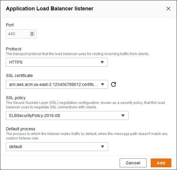 
            Application Load Balancer configuration - adding a secure listener
          