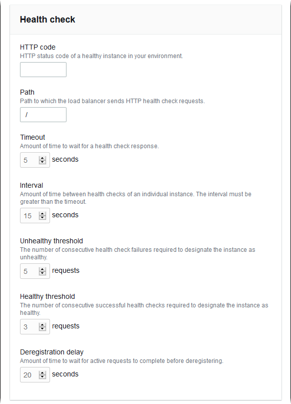 
            Application Load Balancer process settings for a health check
          