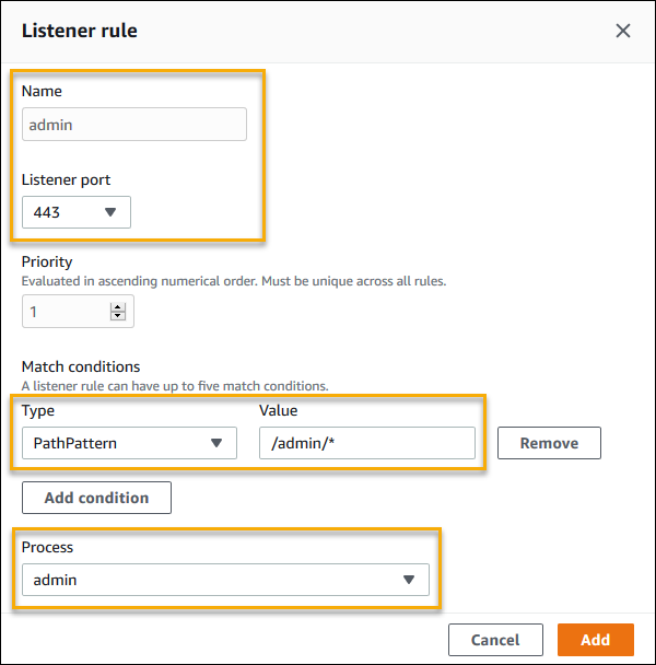 
            Application Load Balancer configuration example - adding admin rule
          