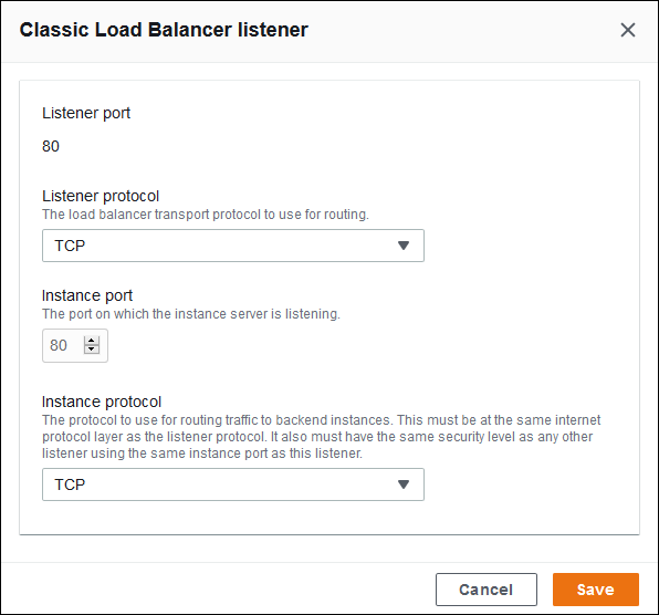 Classic Load Balancer configuration - changing the default listener's protocol to TCP