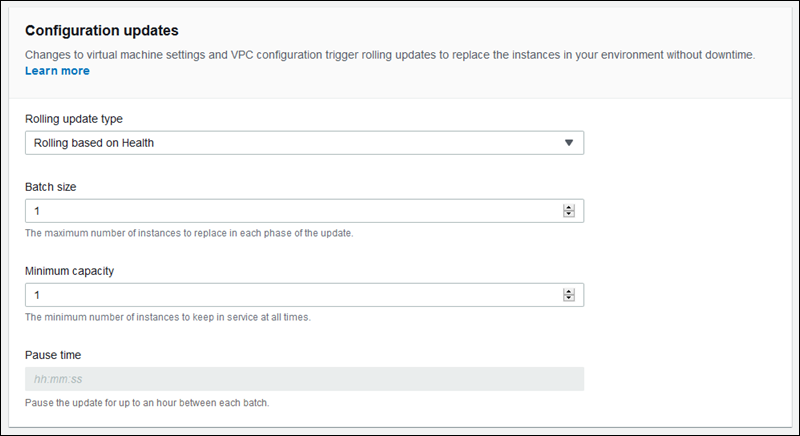 
            The configuration updates section on the modify rolling updates and deployments configuration page
          