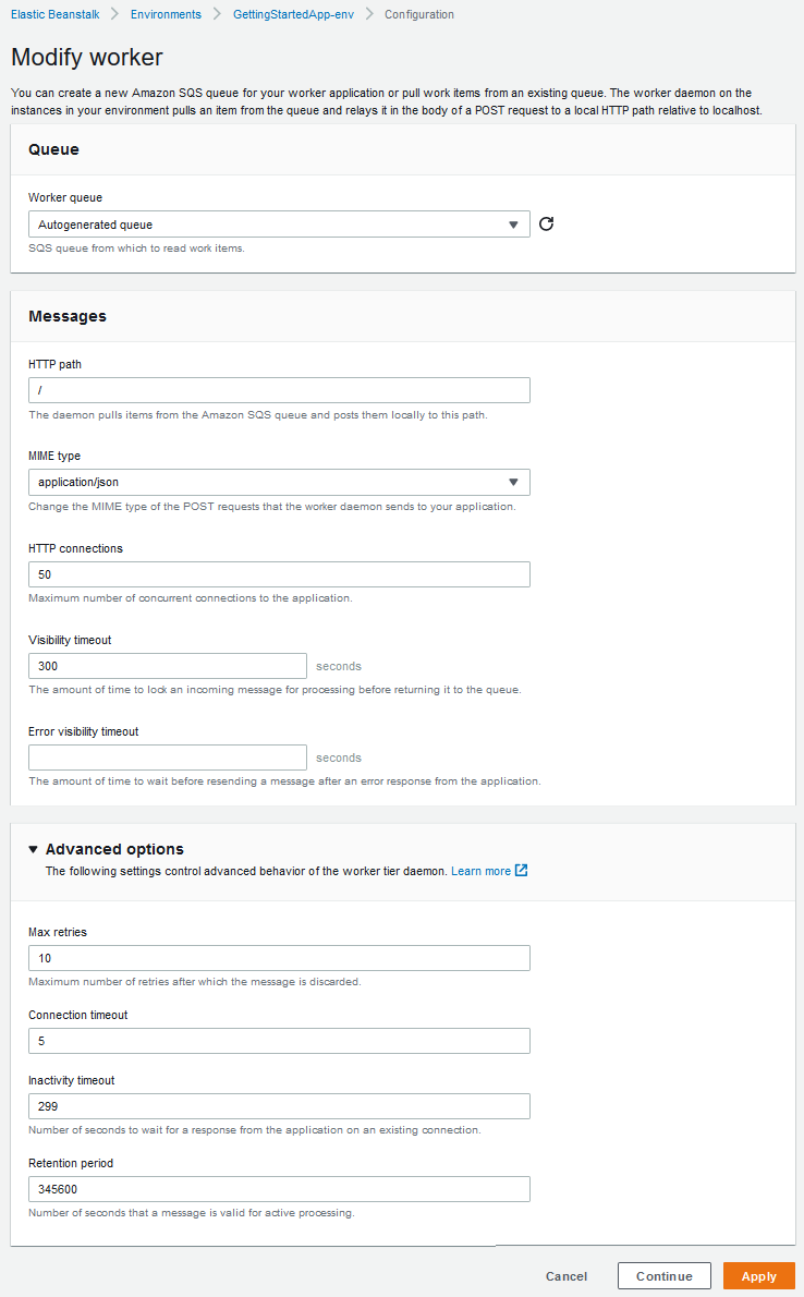 
        Modify worker configuration page in the Elastic Beanstalk console
      