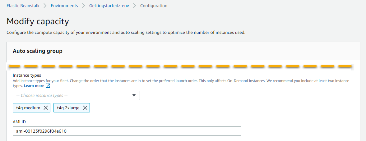 
          Amazon EC2 instance settings on Elastic Beanstalk capacity configuration window for create environment
        