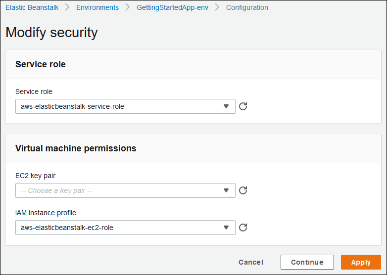 
        The Elastic Beanstalk security configuration page
      