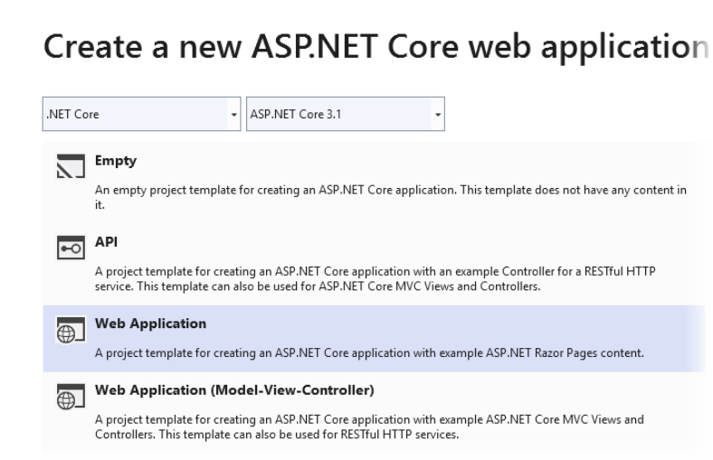 Visual Studio screen shot for the create a new ASP.NET Core web application dialog box page