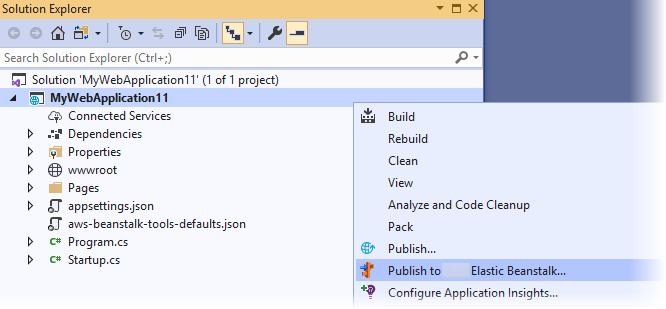 Visual Studio screen shot of the context menu of your application. The menu displays Publish to Amazon Elastic Beanstalk as an option.