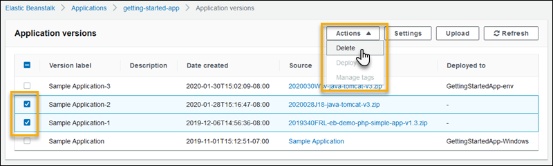 
          Deleting application versions on the Application Versions page of the Elastic Beanstalk console
        