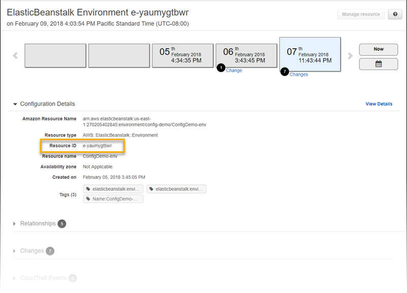 
        Amazon Config resource details page showing configuration details for an Elastic Beanstalk environment
      