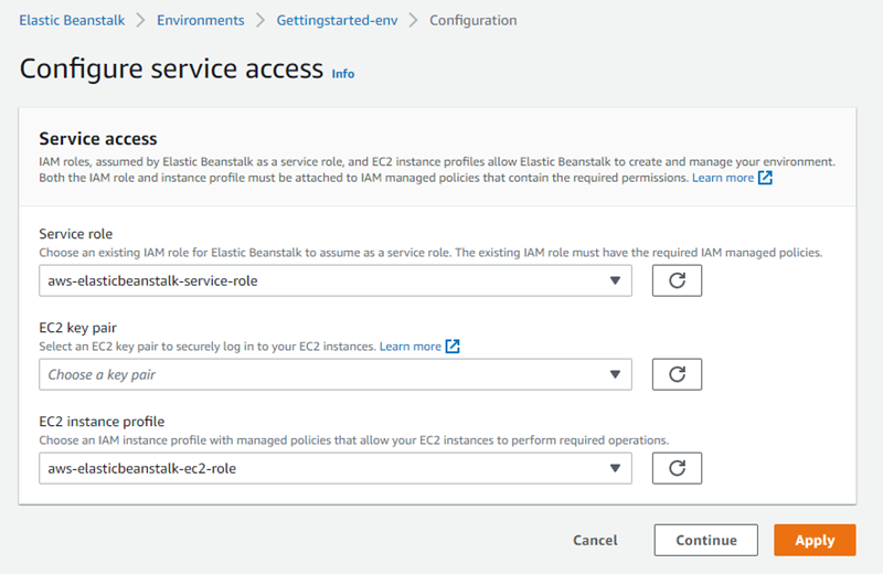 
        The Elastic Beanstalk security service access configuration page
      