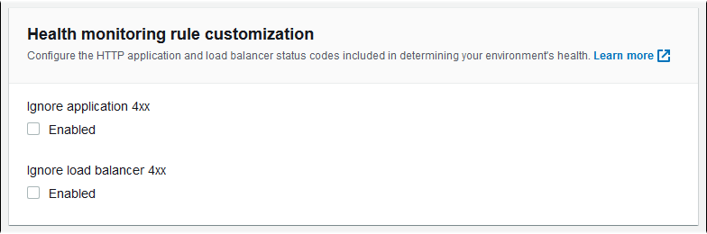 
            Health monitoring rule customization section on the monitoring configuration page of the Elastic Beanstalk console
          