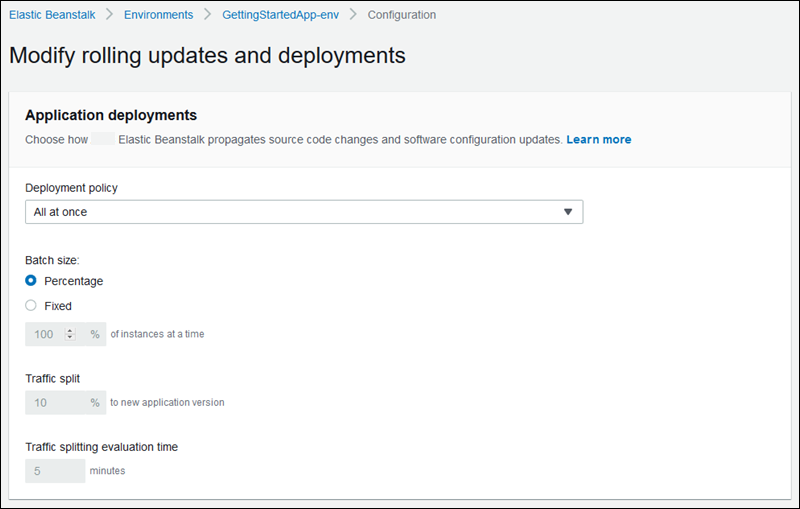 Elastic Beanstalk application deployment configuration page