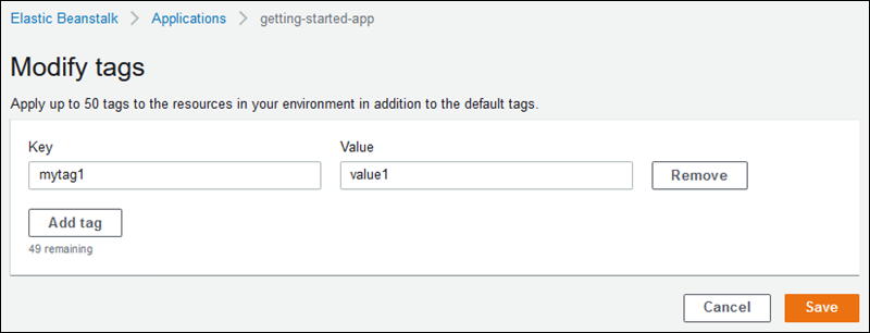 
        Modify tags configuration page during environment creation in the Elastic Beanstalk console
      
