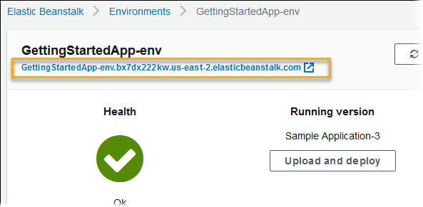 Environment URL with CNAME showing on the environment overview page in the Elastic Beanstalk console