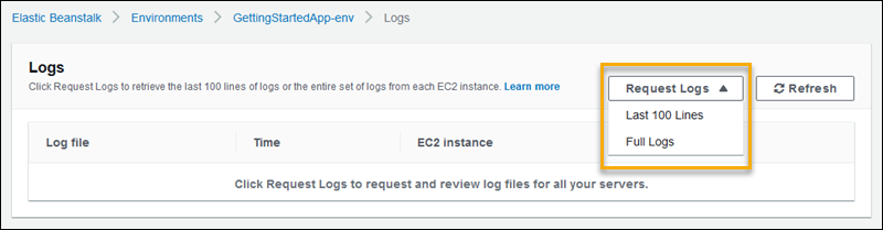 
              The environment logs page of the Elastic Beanstalk console
            