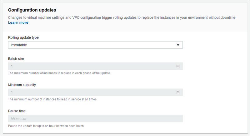 
            The configuration updates section on the modify rolling updates and deployments configuration page
          