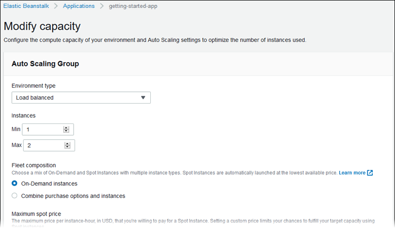 Modify capacity configuration page