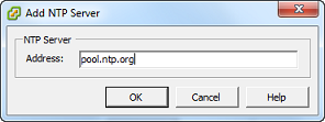 
                                        vSphere Add NTP Server screen with address field
                                            populated.
                                    