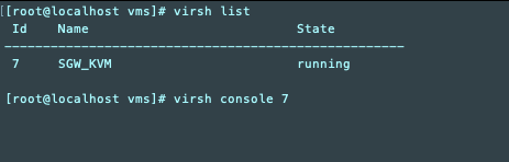 
                        Linux terminal showing virsh list results with VM ID, name, and
                            state info.
                    