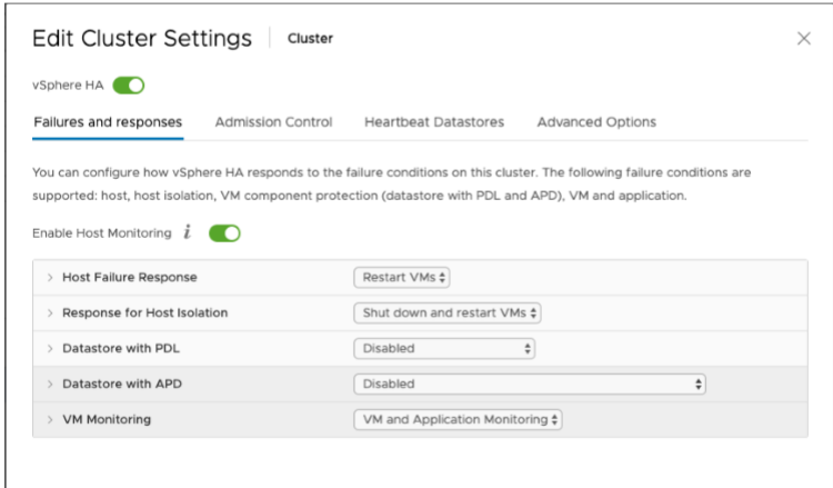 
                        VMware vSphere Edit Cluster Settings screen with VM and application
                            monitoring options configured.
                    