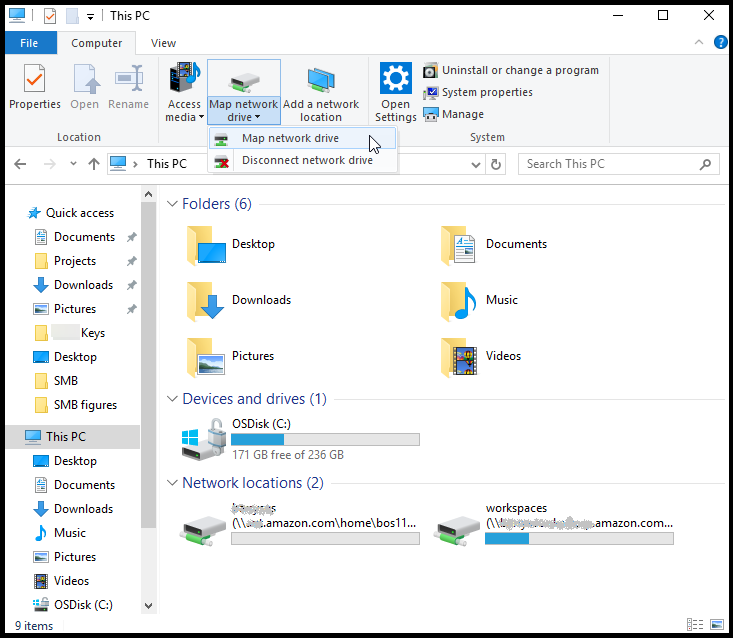 
                        windows file explorer with this pc, the computer tab, and map
                            network drive selected.
                    