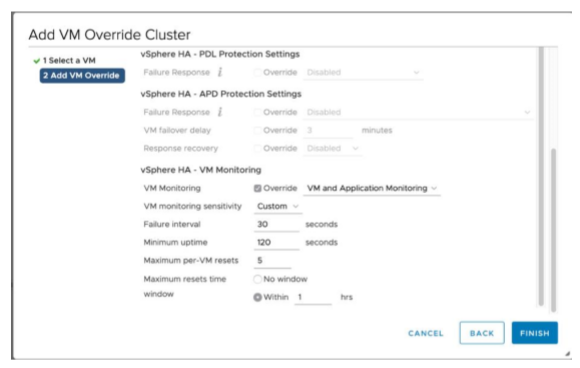 
                        VMware vSphere Add VM Override Cluster screen with override options
                            configured.
                    