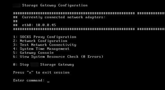 
                        Gateway local console configuration page showing options including
                            network configuration.
                    
