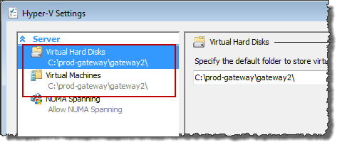 
                                    Hyper-V settings window with default virtual hard disks
                                        and virtual machines locations selected.
                                