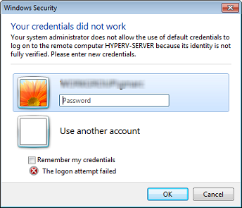 
                                    Windows Security your credentials did not work error
                                        message window.
                                
