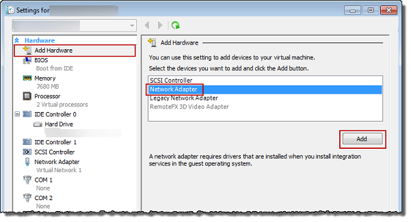 
                        Microsoft Hyper-V VM settings screen with Add Hardware and Network
                            Adapter selected.
                    