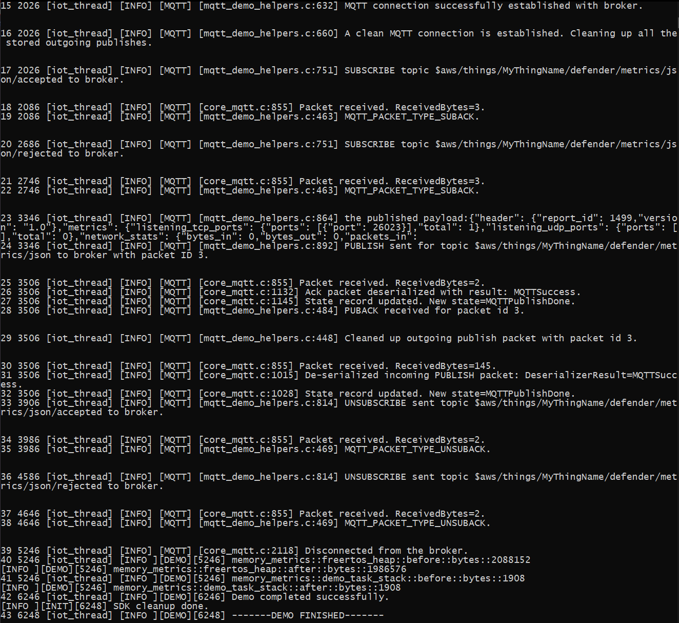 Console output showing MQTT connection, subscription, publish, and unsubscribe operations with packet details.