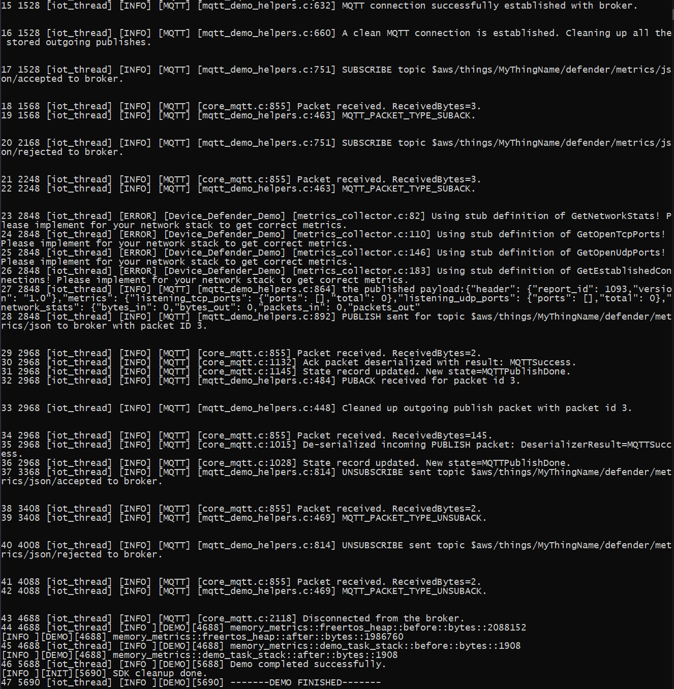 Console output showing MQTT connection, stub network metrics warnings, and demo completion.