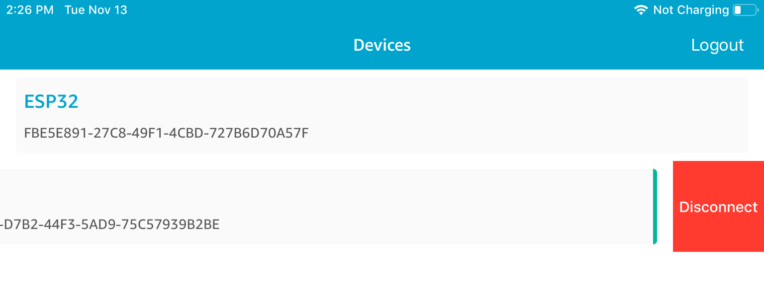 Devices screen showing ESP32 device with Disconnect button revealed by left swipe gesture.