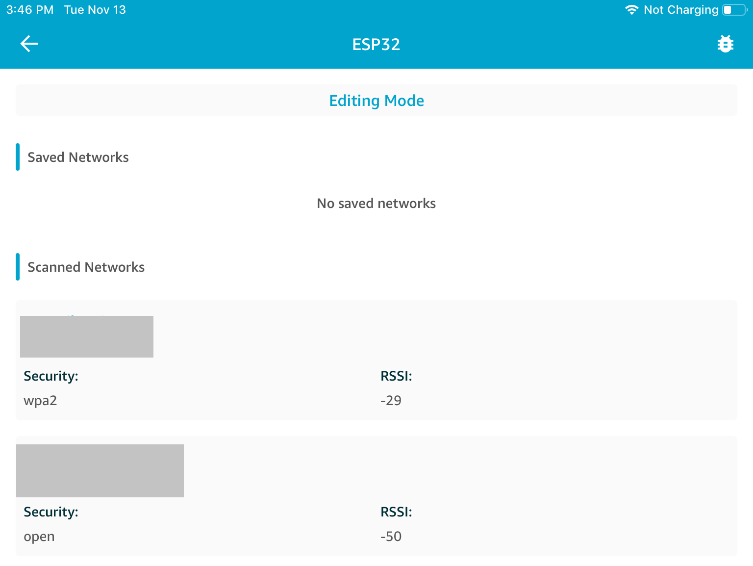 ESP32 network configuration screen showing two scanned networks with security types and RSSI values.