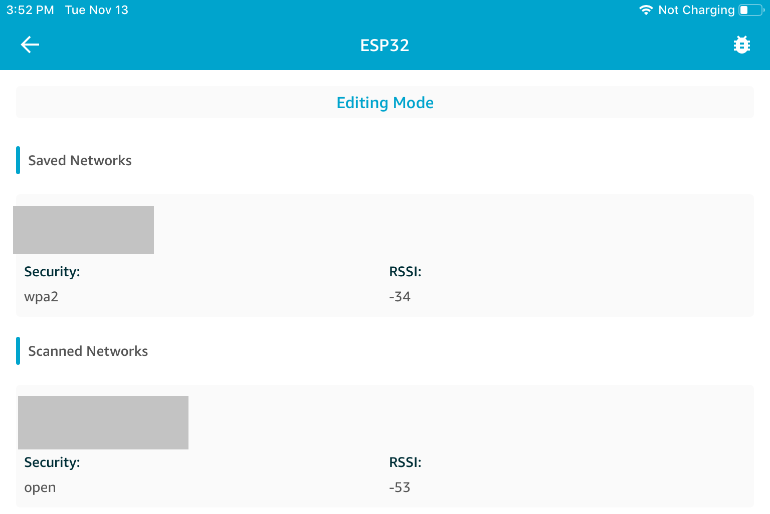 ESP32 editing mode showing saved network with wpa2 security and RSSI of -34.
