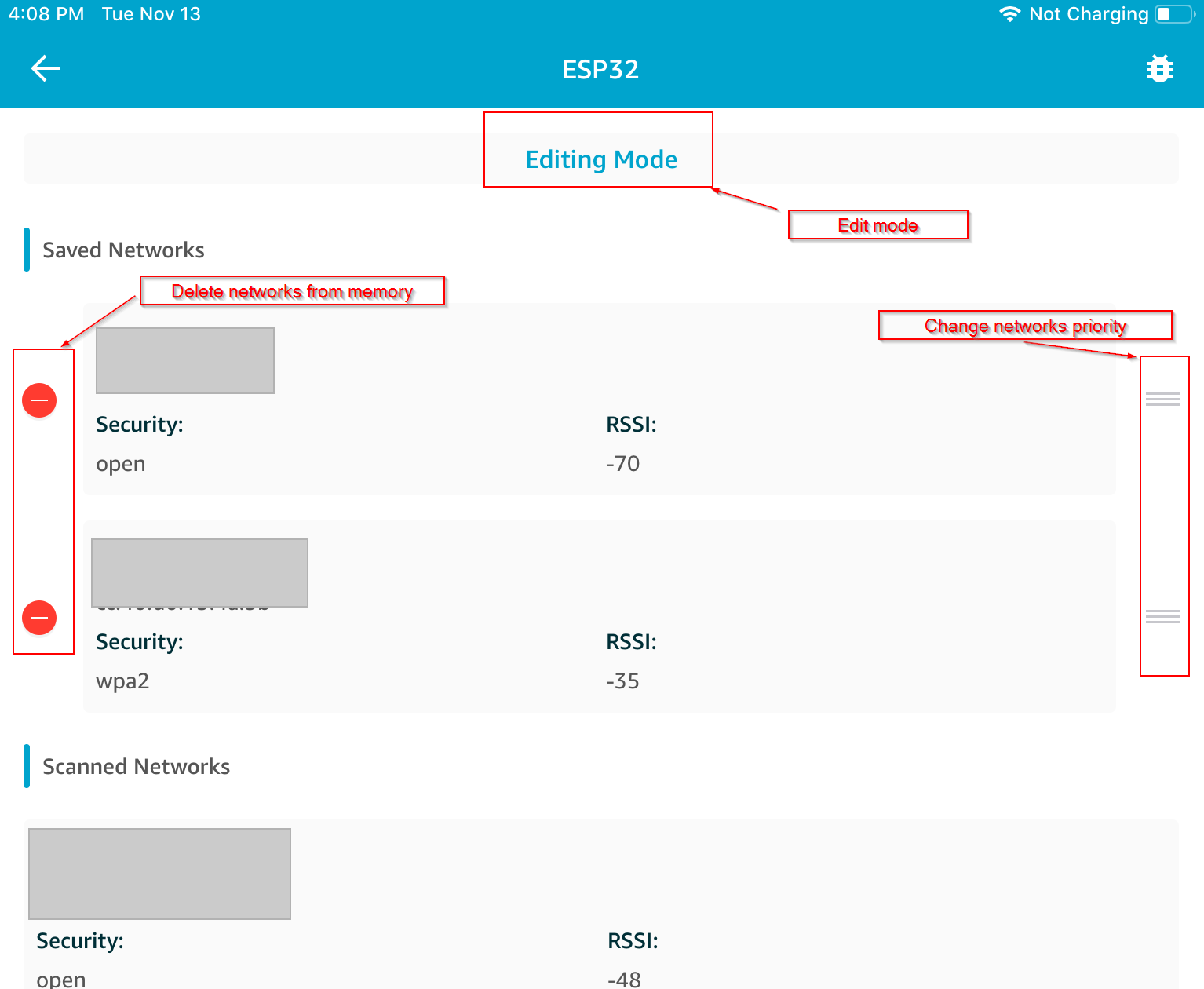 Editing Mode interface showing delete buttons on left and drag handles on right of networks.
