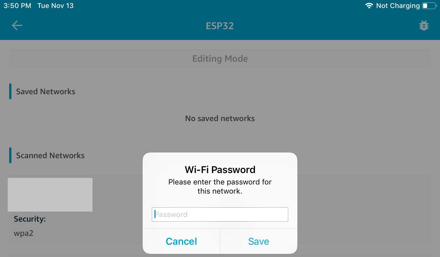 Wi-Fi Password dialog box with password input field, Cancel and Save buttons.