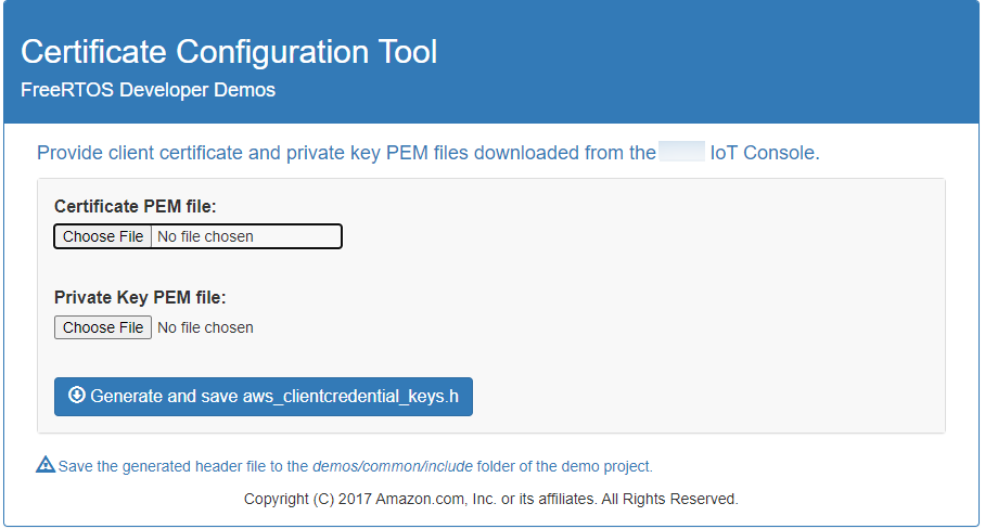 Certificate Configuration Tool interface for uploading PEM files and generating Amazon client credential keys.