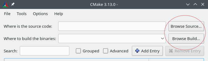 CMake interface with Browse Source and Browse Build buttons for specifying directories.